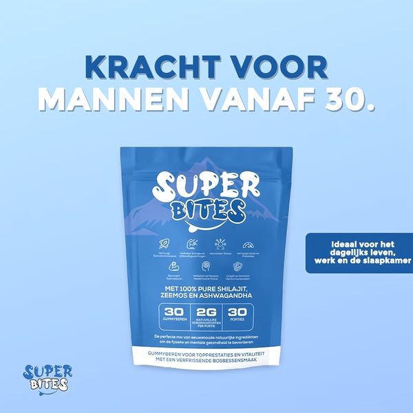 A clean, minimalist 1:1 square graphic for a supplement gummy brand, focusing on male vitality benefits through clear iconography and benefit lists.